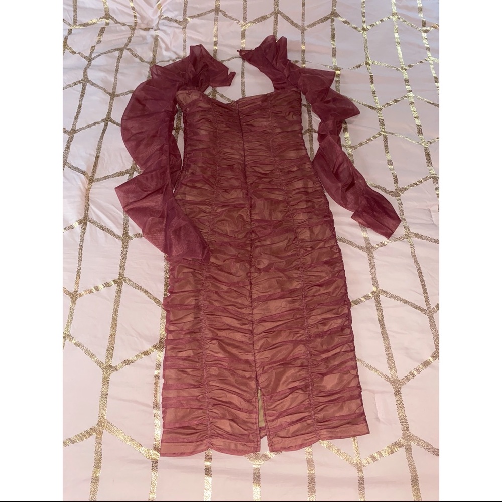 Quinlan Fuchsia Ruched Mesh Long Sleeve Dress - Picture 6 of 6